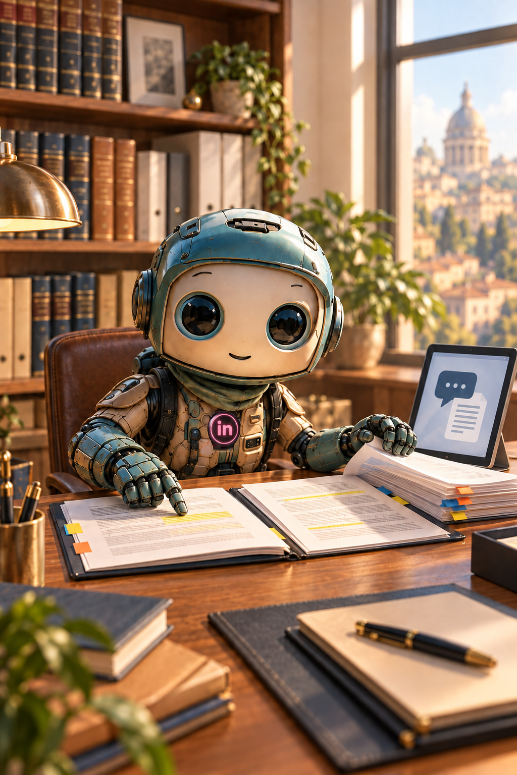 A friendly robot with a glowing magenta Indigen chest emblem, comparing annotated legal documents in a sunlit library beside a tablet representing the client assistant.