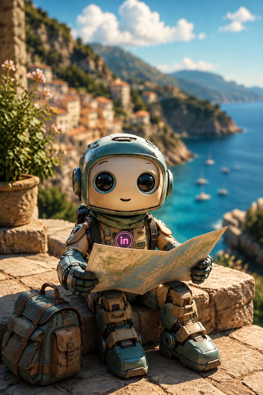 A small robot with a glowing magenta Indigen chest emblem, holding a map on a coastal village terrace.