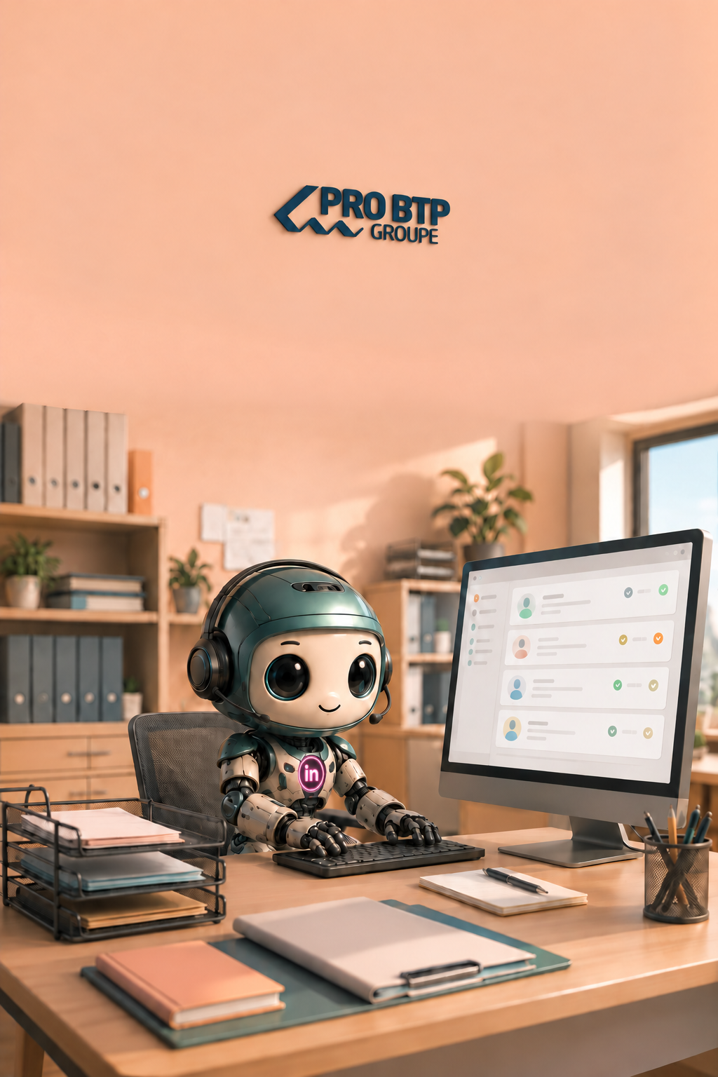 A small robot with a glowing magenta Indigen chest emblem, wearing a headset at a customer service workstation, with the ProBTP logo on the wall behind it.